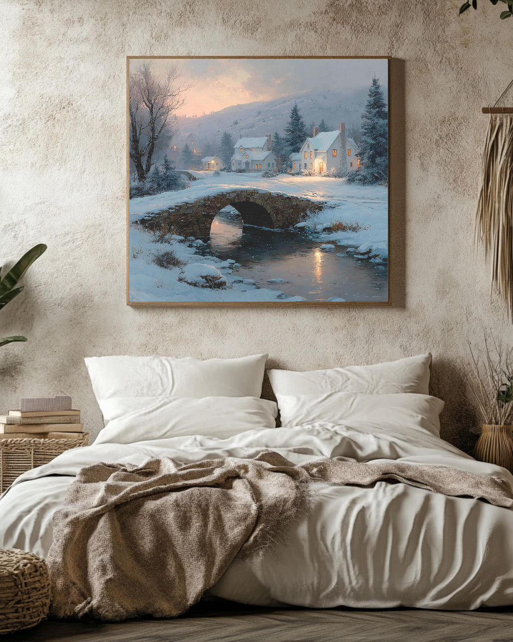 Cozy Winter Village Wall Art Print, Peaceful Snowy Cottage Landscape with Stone Bridge and Warm Lights, Christmas Season Poster Canvas