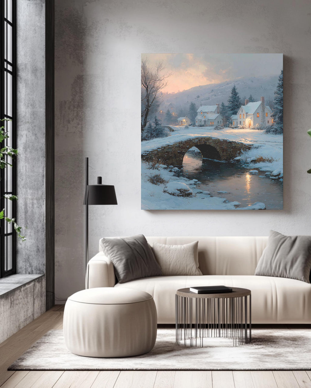 Cozy Winter Village Wall Art Print, Peaceful Snowy Cottage Landscape with Stone Bridge and Warm Lights, Christmas Season Poster Canvas