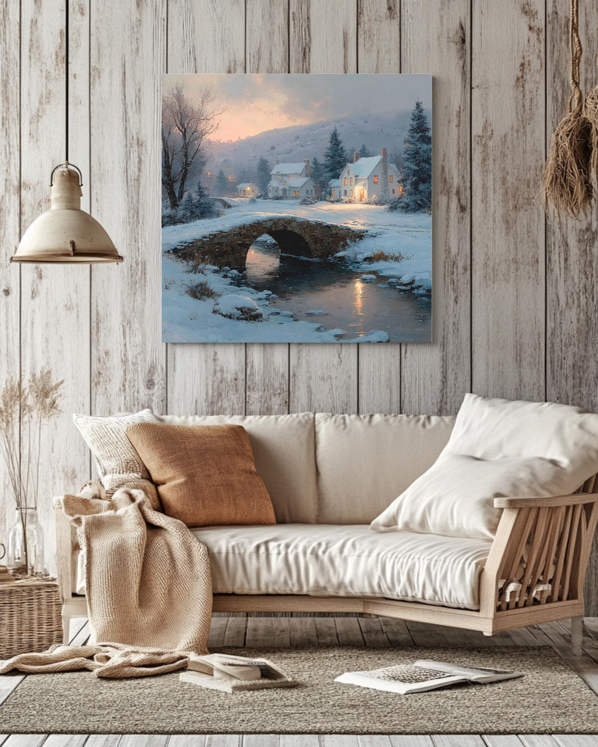 Cozy Winter Village Wall Art Print, Peaceful Snowy Cottage Landscape with Stone Bridge and Warm Lights, Christmas Season Poster Canvas