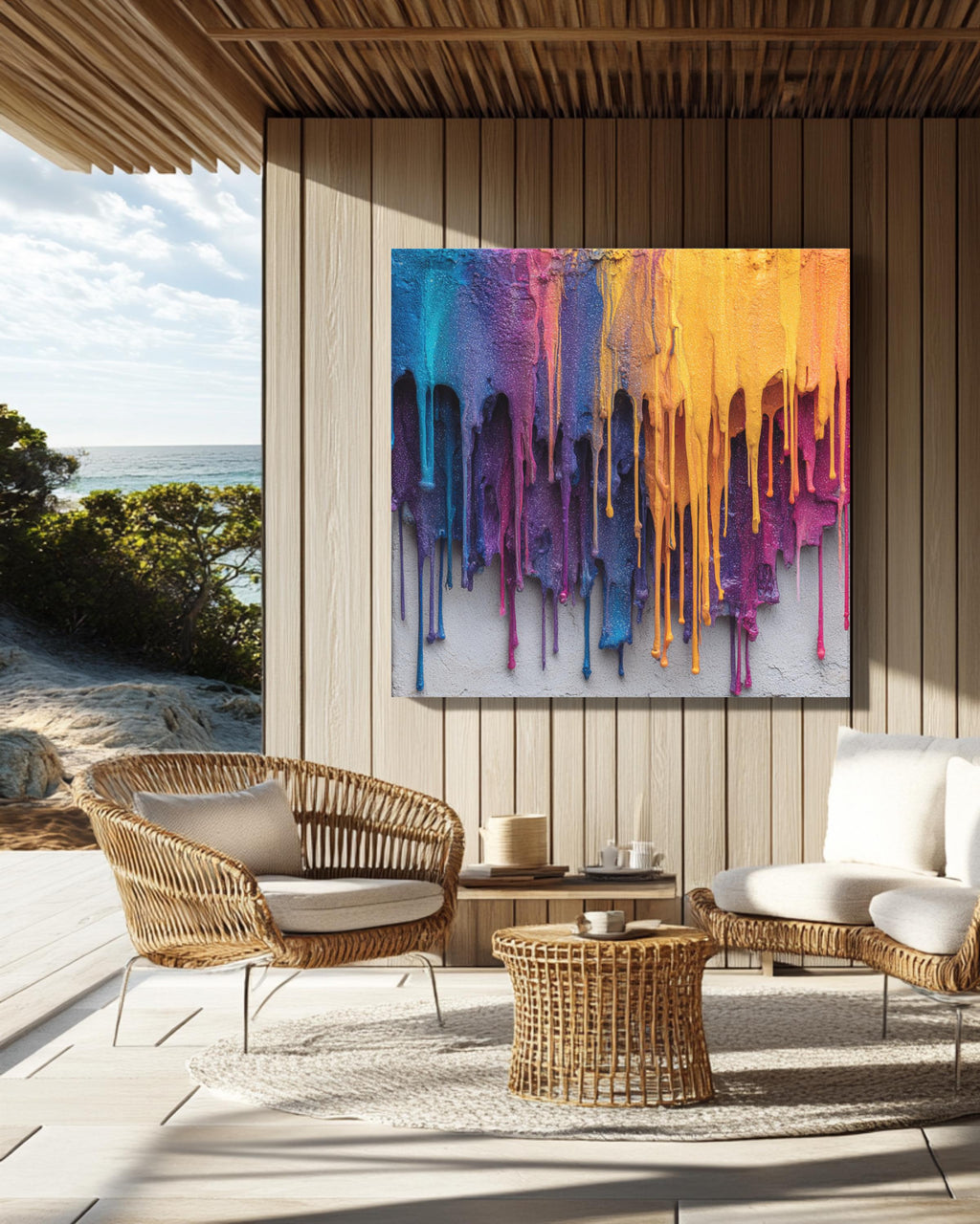 Colorful Abstract Dripping Paint Wall Art Print, Bold Rainbow Texture, Modern Expressionist Poster Canvas