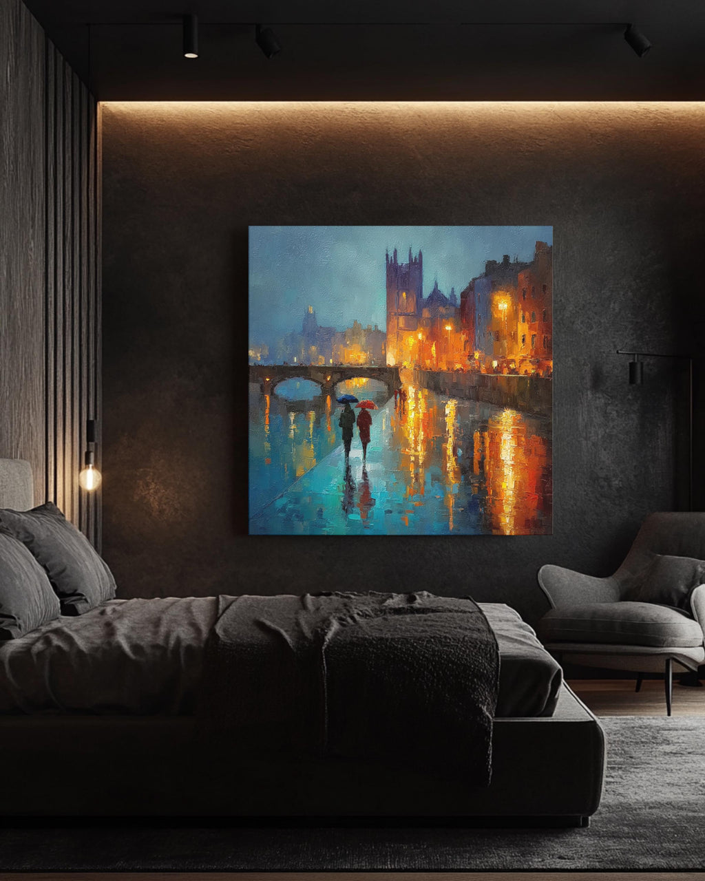 Dublin City Rain Wall Art Print, Vibrant Night Painting of St. Patricks Cathedral and Liffey Bridge, Irish Architecture Poster Canvas