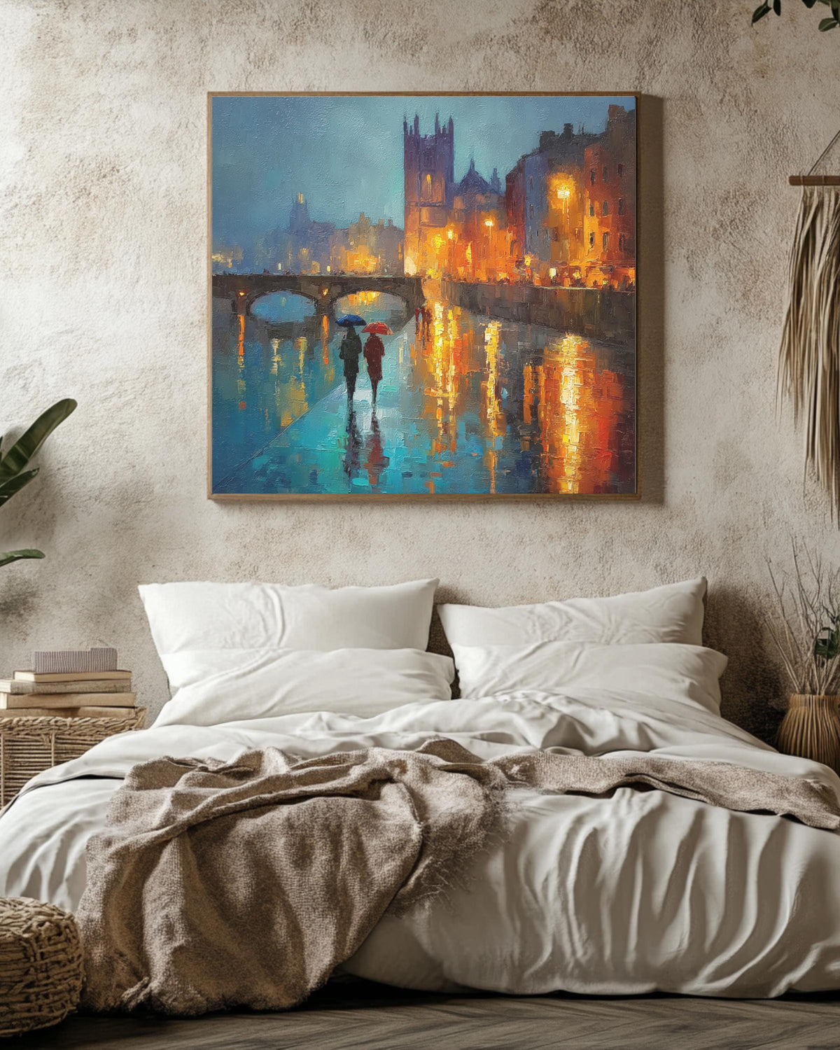 Dublin City Rain Wall Art Print, Vibrant Night Painting of St. Patricks Cathedral and Liffey Bridge, Irish Architecture Poster Canvas