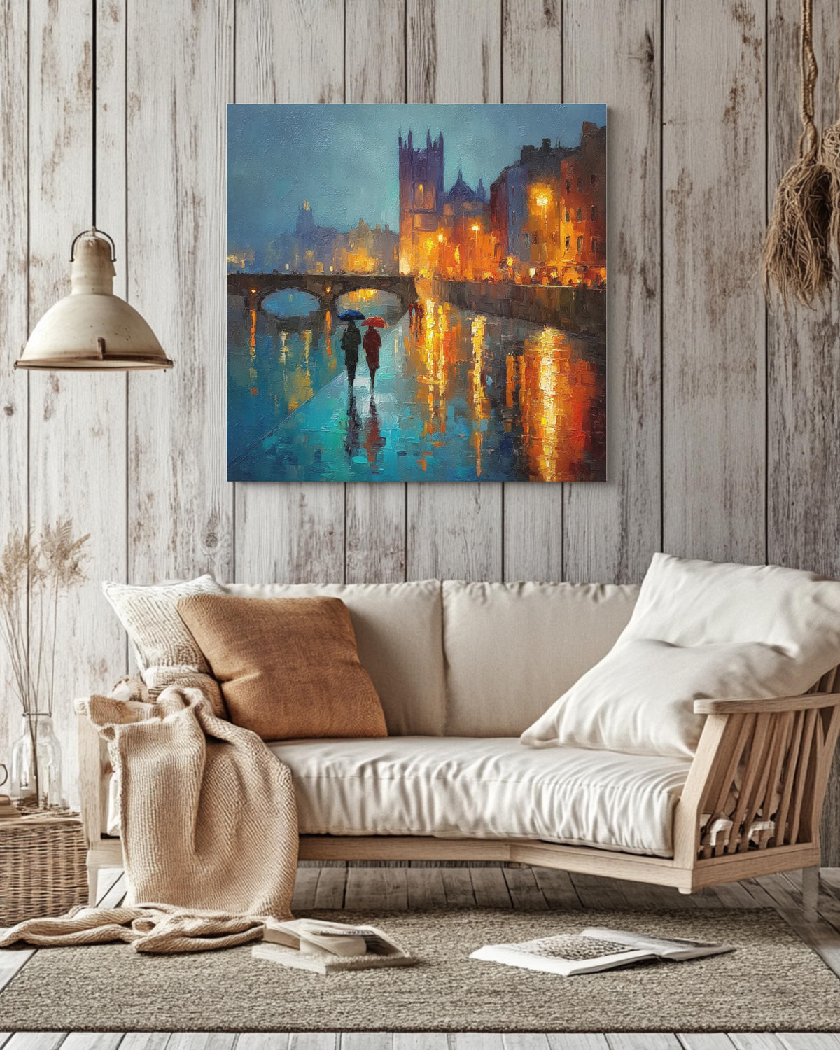 Dublin City Rain Wall Art Print, Vibrant Night Painting of St. Patricks Cathedral and Liffey Bridge, Irish Architecture Poster Canvas