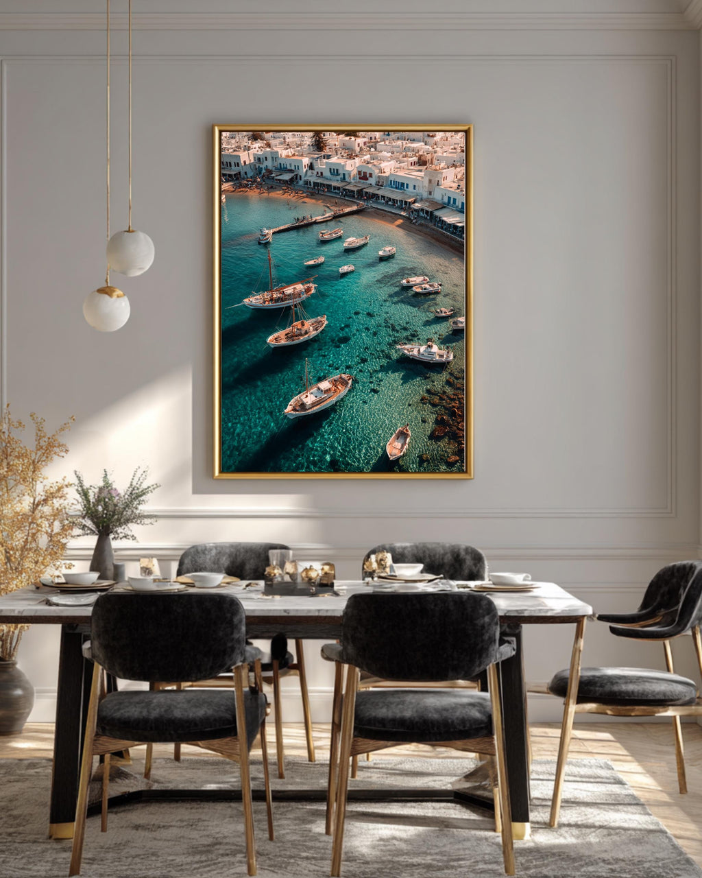 Mediterranean Coastal Harbor Wall Art Print  Aegean Sea Boats, Whitewashed Village Architecture & Turquoise Water Photography Poster/Canvas