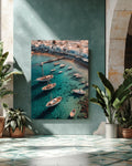 Mediterranean Coastal Harbor Wall Art Print  Aegean Sea Boats, Whitewashed Village Architecture & Turquoise Water Photography Poster/Canvas
