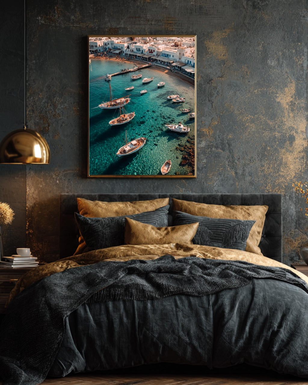 Mediterranean Coastal Harbor Wall Art Print  Aegean Sea Boats, Whitewashed Village Architecture & Turquoise Water Photography Poster/Canvas