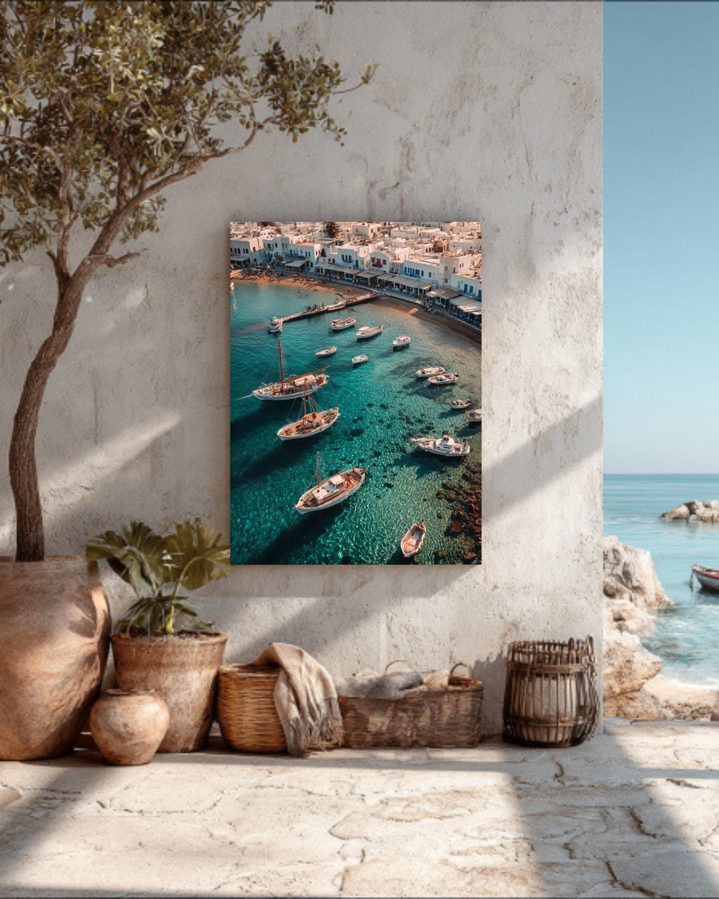 Mediterranean Coastal Harbor Wall Art Print  Aegean Sea Boats, Whitewashed Village Architecture & Turquoise Water Photography Poster/Canvas