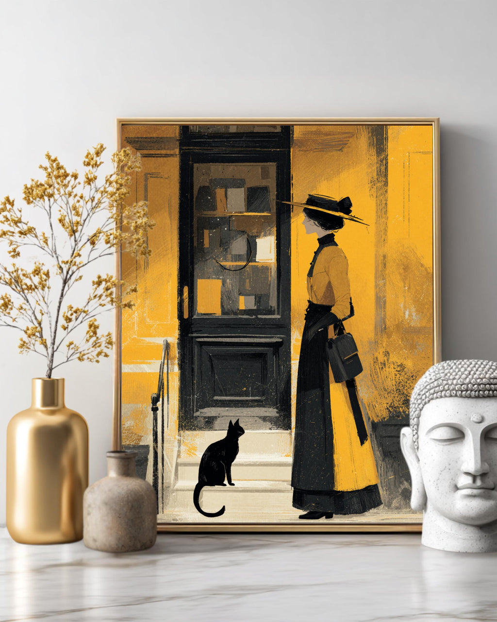 Edwardian Lady and Her Cat Illustration in Tempera & Gouache, Minimal Details, Art Nouveau Style, Elegant Wall Art