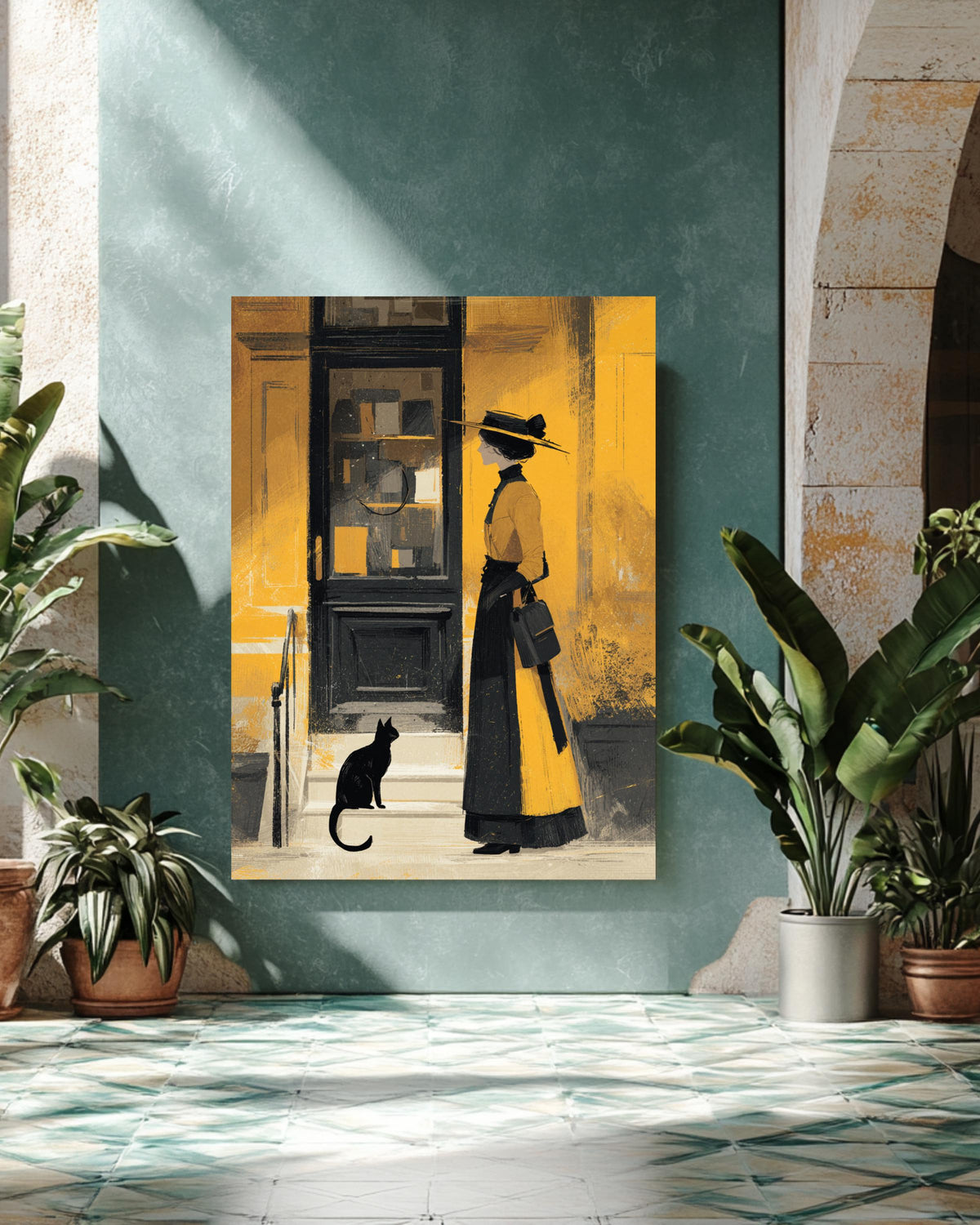 Edwardian Lady and Her Cat Illustration in Tempera & Gouache, Minimal Details, Art Nouveau Style, Elegant Wall Art