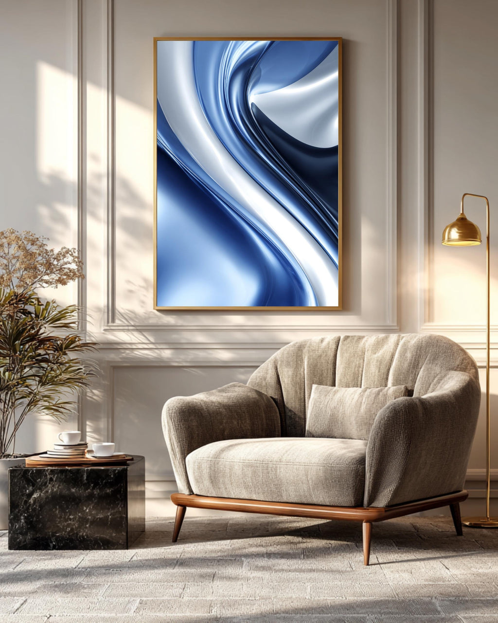Abstract Blue and Silver Artistic Design with Elegant Swirls, Modern Minimalist Background, Sophisticated Contemporary Wall Art