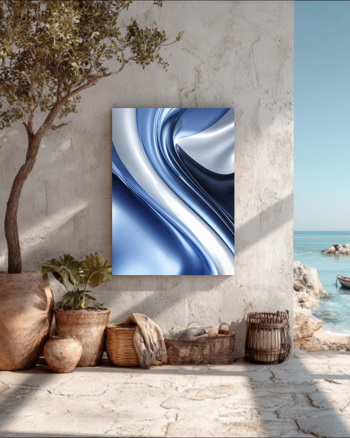 Abstract Blue and Silver Artistic Design with Elegant Swirls, Modern Minimalist Background, Sophisticated Contemporary Wall Art