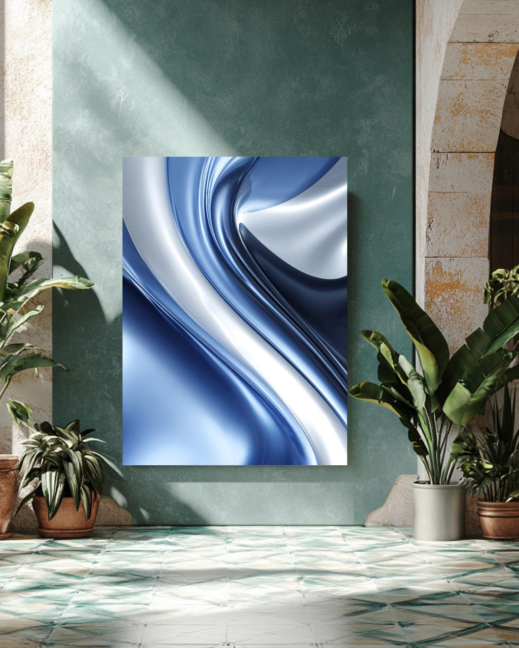 Abstract Blue and Silver Artistic Design with Elegant Swirls, Modern Minimalist Background, Sophisticated Contemporary Wall Art