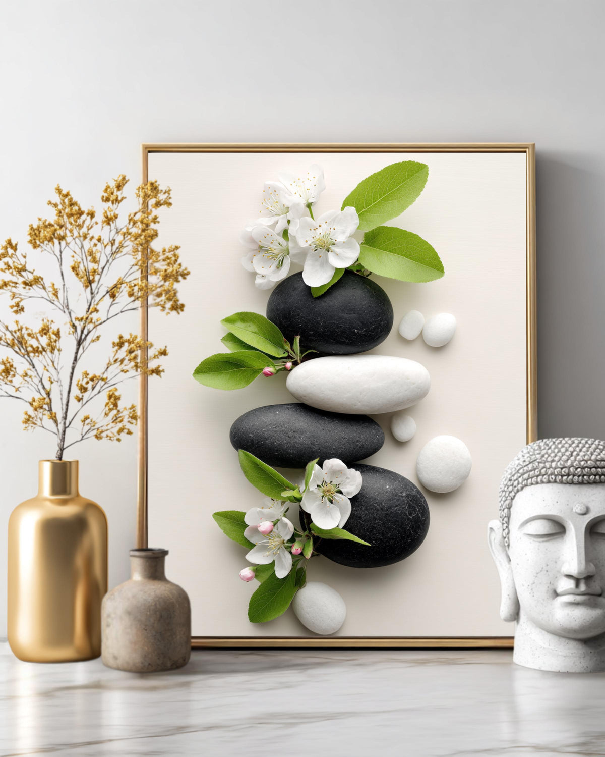 Zen-Inspired Photo of Black & White Rocks with Blooming Apple Blossoms, Surrounded by Smooth White Stones, Tranquil Nature Wall Art