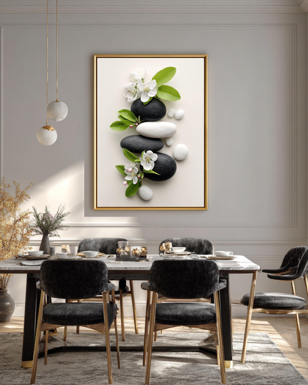 Zen-Inspired Photo of Black & White Rocks with Blooming Apple Blossoms, Surrounded by Smooth White Stones, Tranquil Nature Wall Art