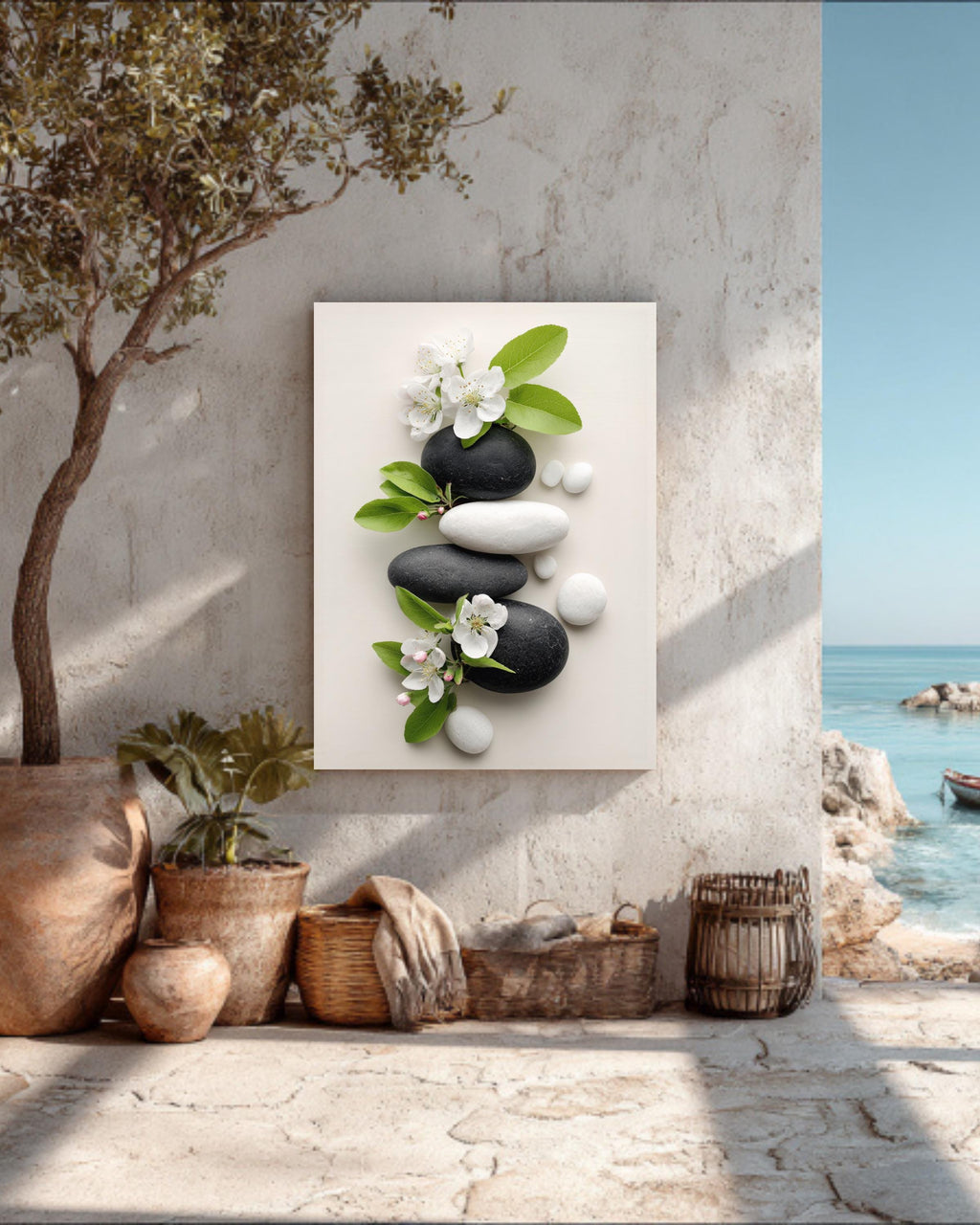 Zen-Inspired Photo of Black & White Rocks with Blooming Apple Blossoms, Surrounded by Smooth White Stones, Tranquil Nature Wall Art