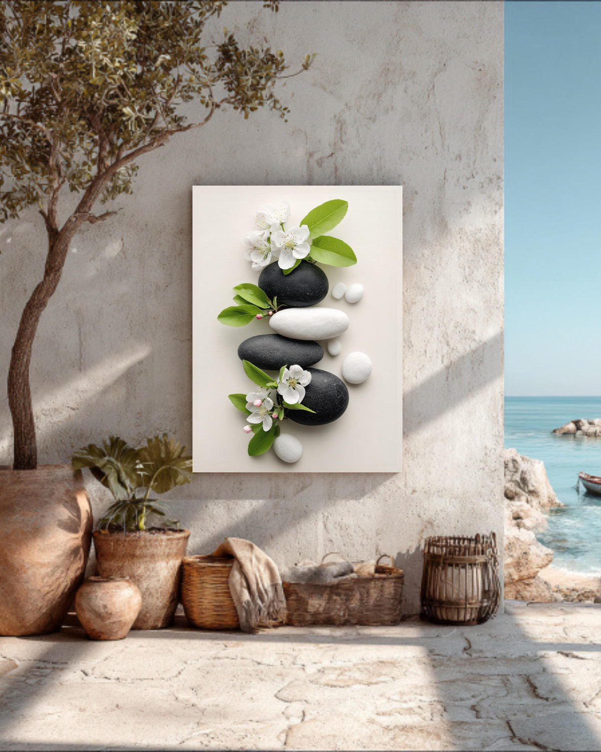 Zen-Inspired Photo of Black & White Rocks with Blooming Apple Blossoms, Surrounded by Smooth White Stones, Tranquil Nature Wall Art