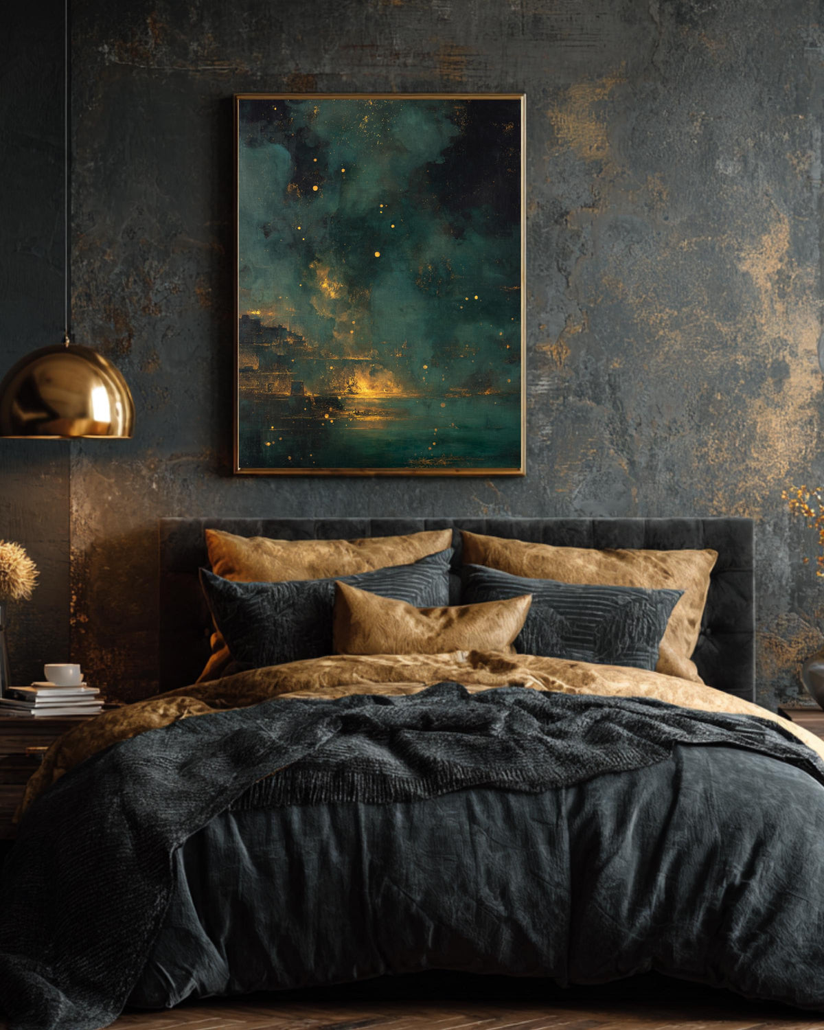 Dark Nightmarish Abstract Landscape Painting with Floating Particles and Glowing Embers, Golden Ratio Composition, Dramatic Surreal Wall Art