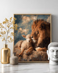 Lion and Lamb Oil Painting, Abstract Composition, Rich Colors and Textured Brushstrokes, Peaceful Animal Wall Art Poster Canvas