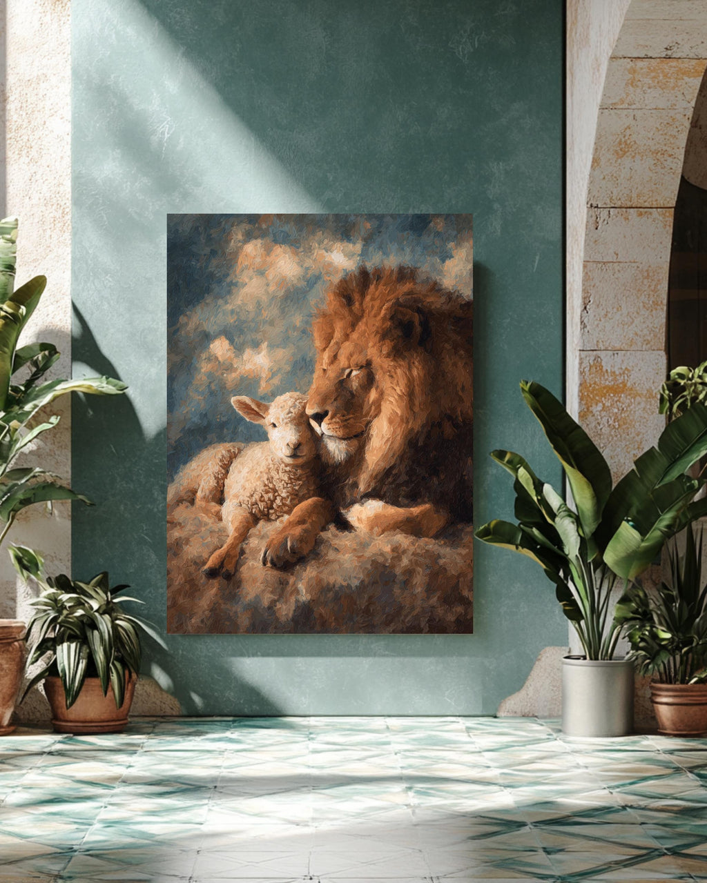Lion and Lamb Oil Painting, Abstract Composition, Rich Colors and Textured Brushstrokes, Peaceful Animal Wall Art Poster Canvas