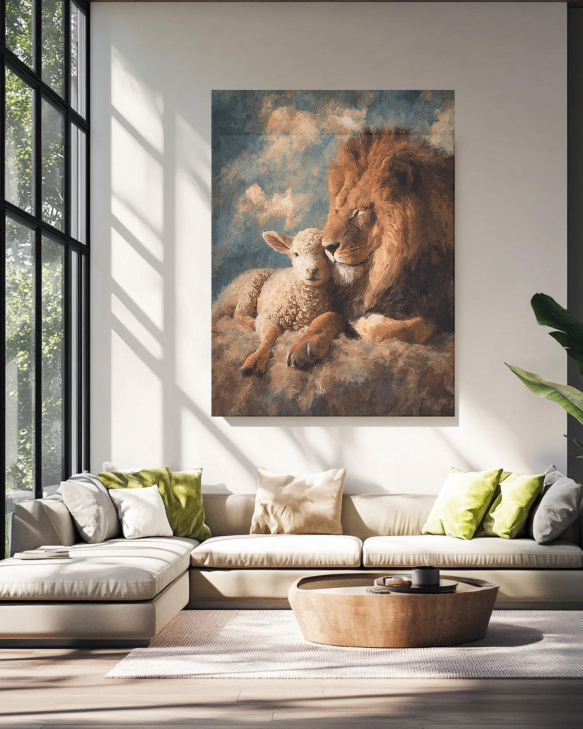 Lion and Lamb Oil Painting, Abstract Composition, Rich Colors and Textured Brushstrokes, Peaceful Animal Wall Art Poster Canvas