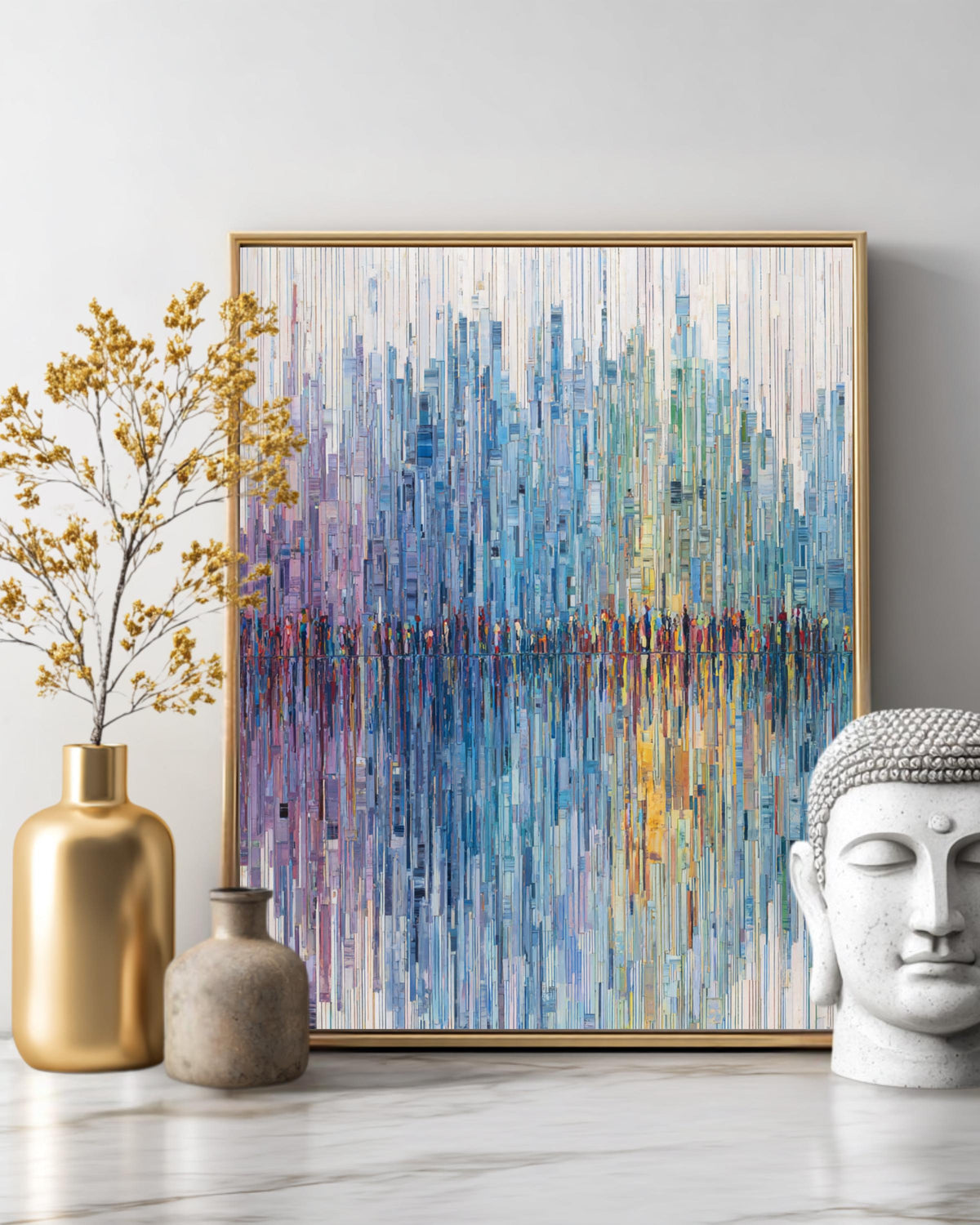 Abstract Urban Life Tapestry, Vertical Lines Representing City Figures, Soft Pastel Gradient from Blue to Green, White Background Canvas