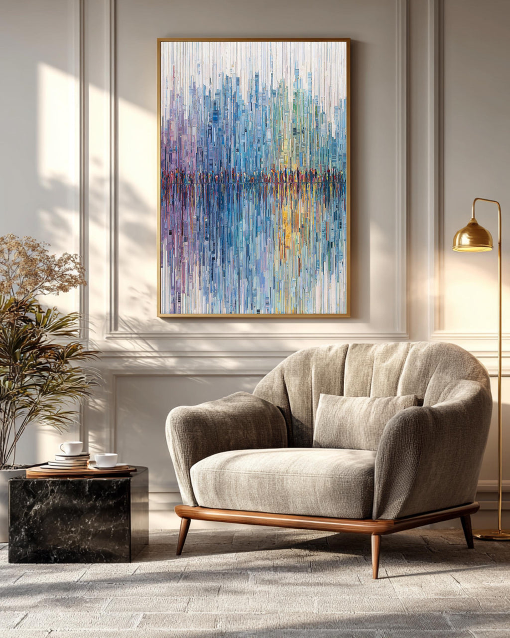 Abstract Urban Life Tapestry, Vertical Lines Representing City Figures, Soft Pastel Gradient from Blue to Green, White Background Canvas