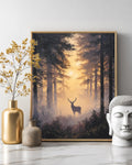 Majestic Stag in Misty Forest Wall Art, Silhouette Among Towering Trees, Bathed in Golden Light, Ethereal Nature Scene Poster Canvas