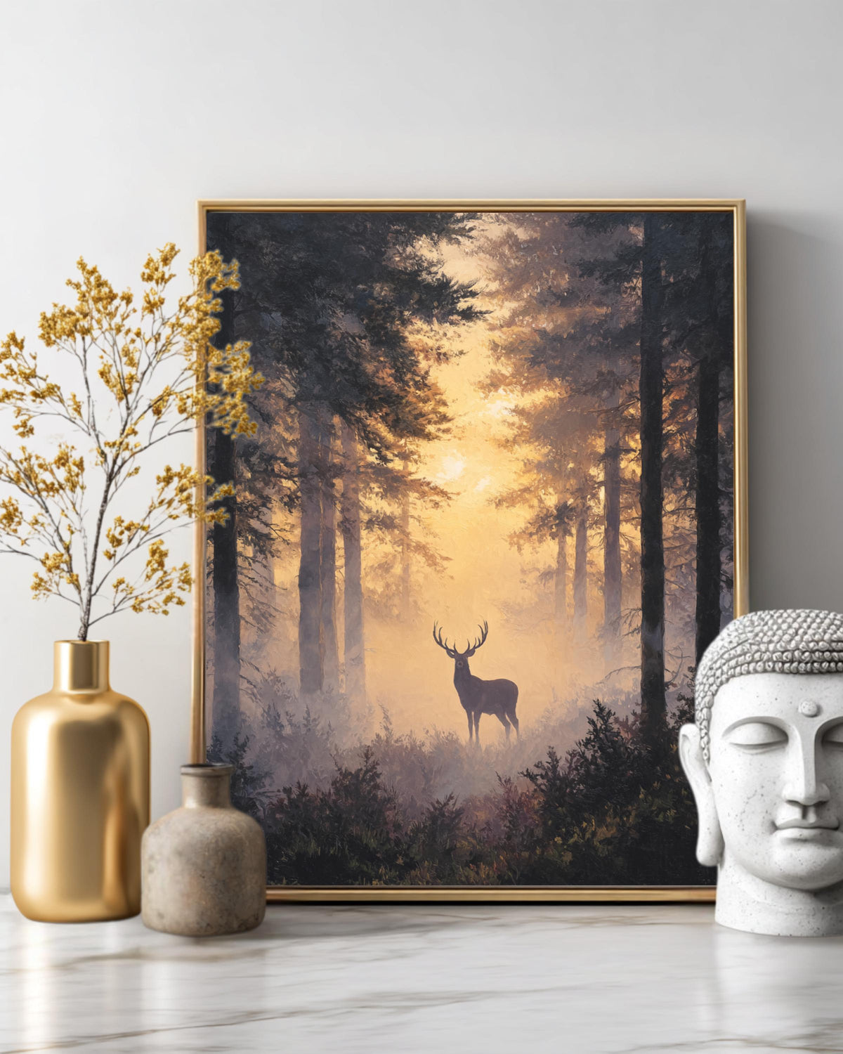 Majestic Stag in Misty Forest Wall Art, Silhouette Among Towering Trees, Bathed in Golden Light, Ethereal Nature Scene Poster Canvas