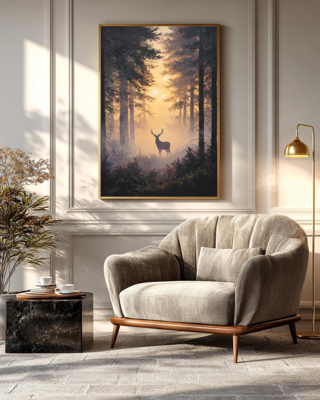 Majestic Stag in Misty Forest Wall Art, Silhouette Among Towering Trees, Bathed in Golden Light, Ethereal Nature Scene Poster Canvas