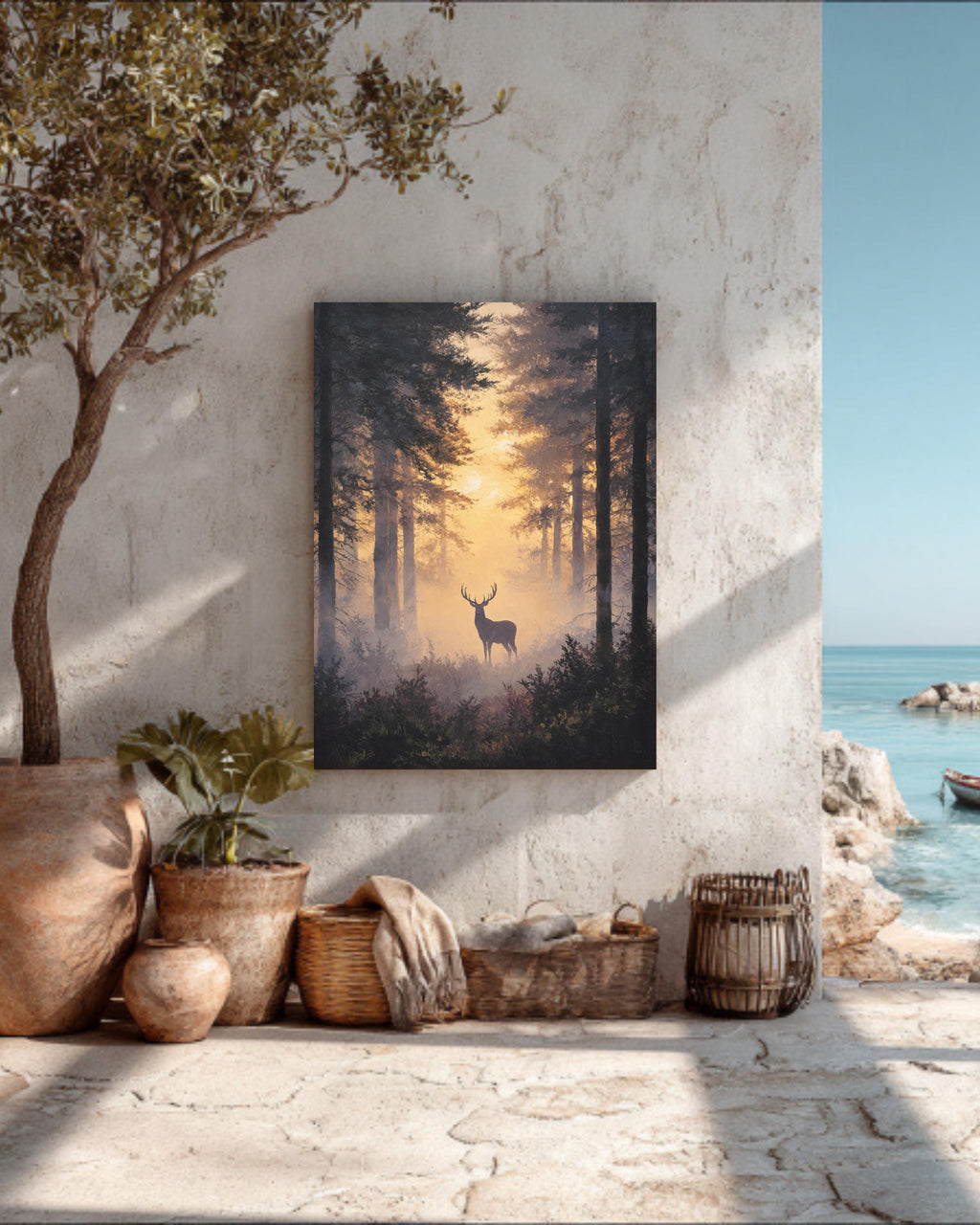 Majestic Stag in Misty Forest Wall Art, Silhouette Among Towering Trees, Bathed in Golden Light, Ethereal Nature Scene Poster Canvas