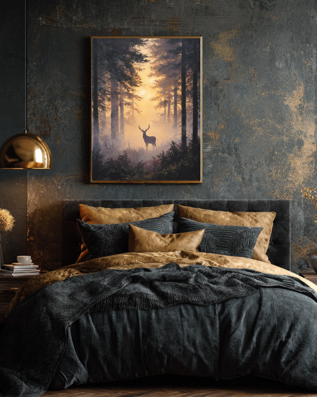 Majestic Stag in Misty Forest Wall Art, Silhouette Among Towering Trees, Bathed in Golden Light, Ethereal Nature Scene Poster Canvas