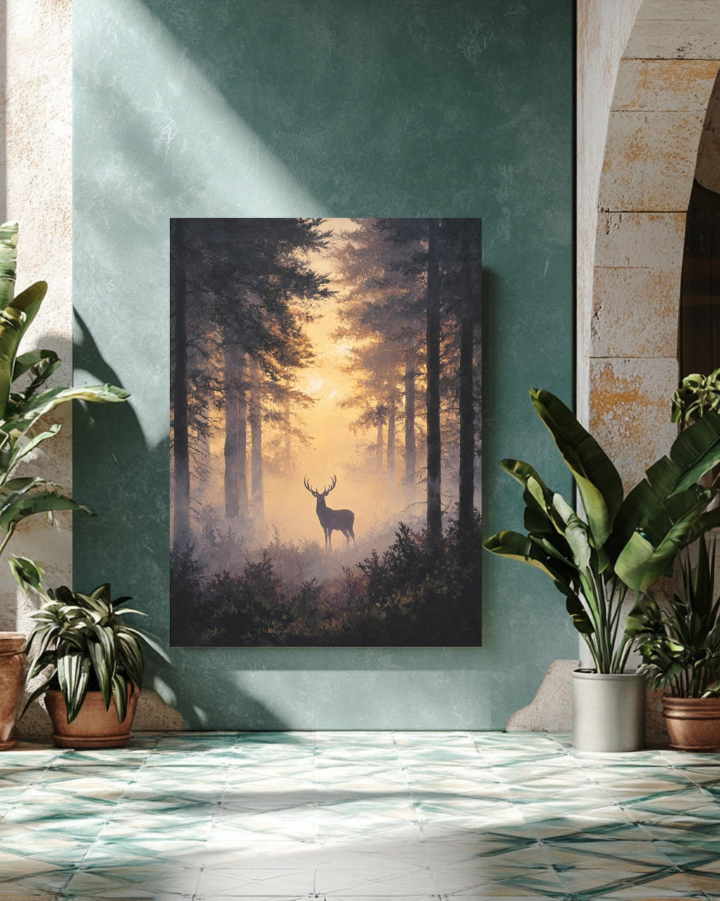 Majestic Stag in Misty Forest Wall Art, Silhouette Among Towering Trees, Bathed in Golden Light, Ethereal Nature Scene Poster Canvas