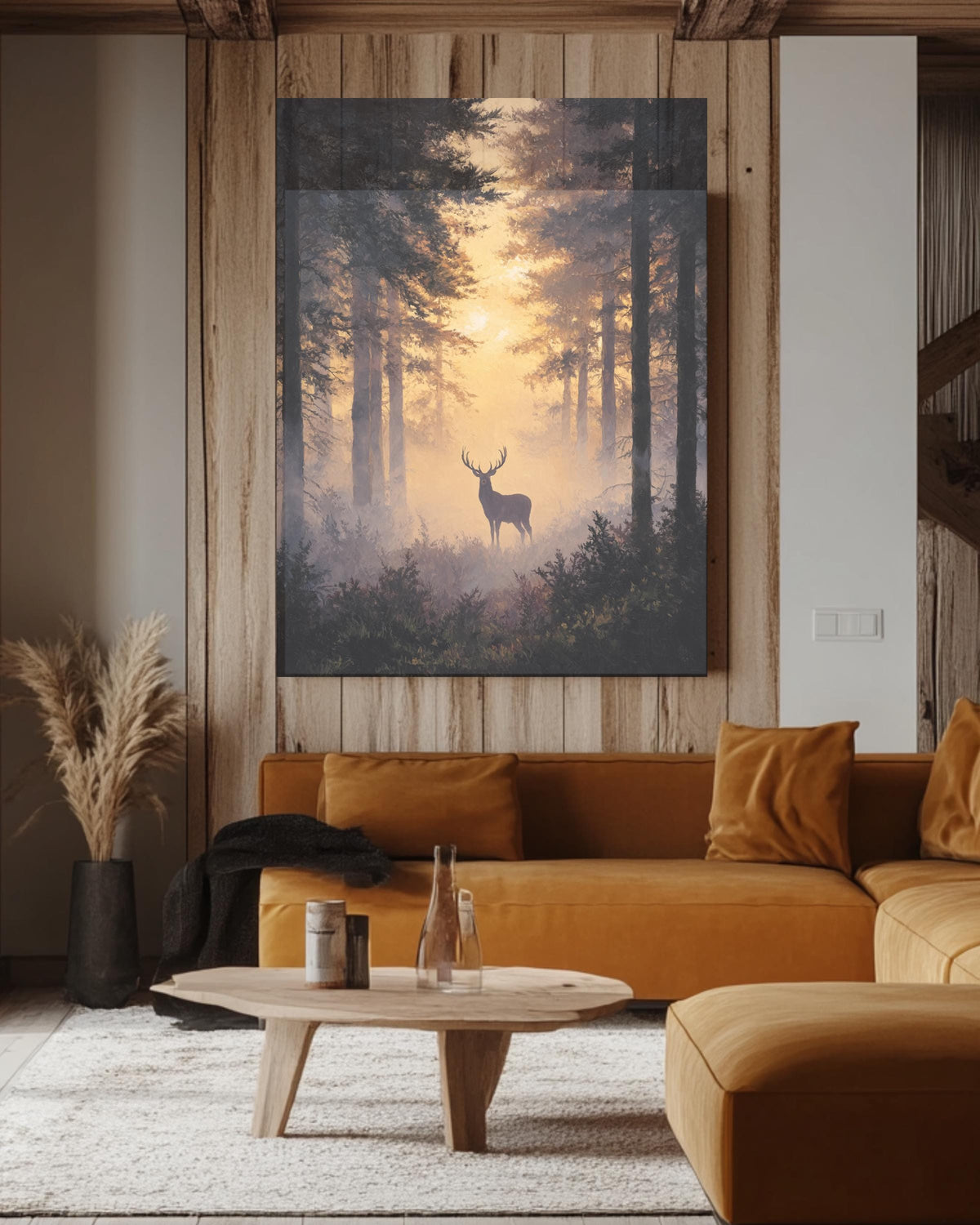 Majestic Stag in Misty Forest Wall Art, Silhouette Among Towering Trees, Bathed in Golden Light, Ethereal Nature Scene Poster Canvas