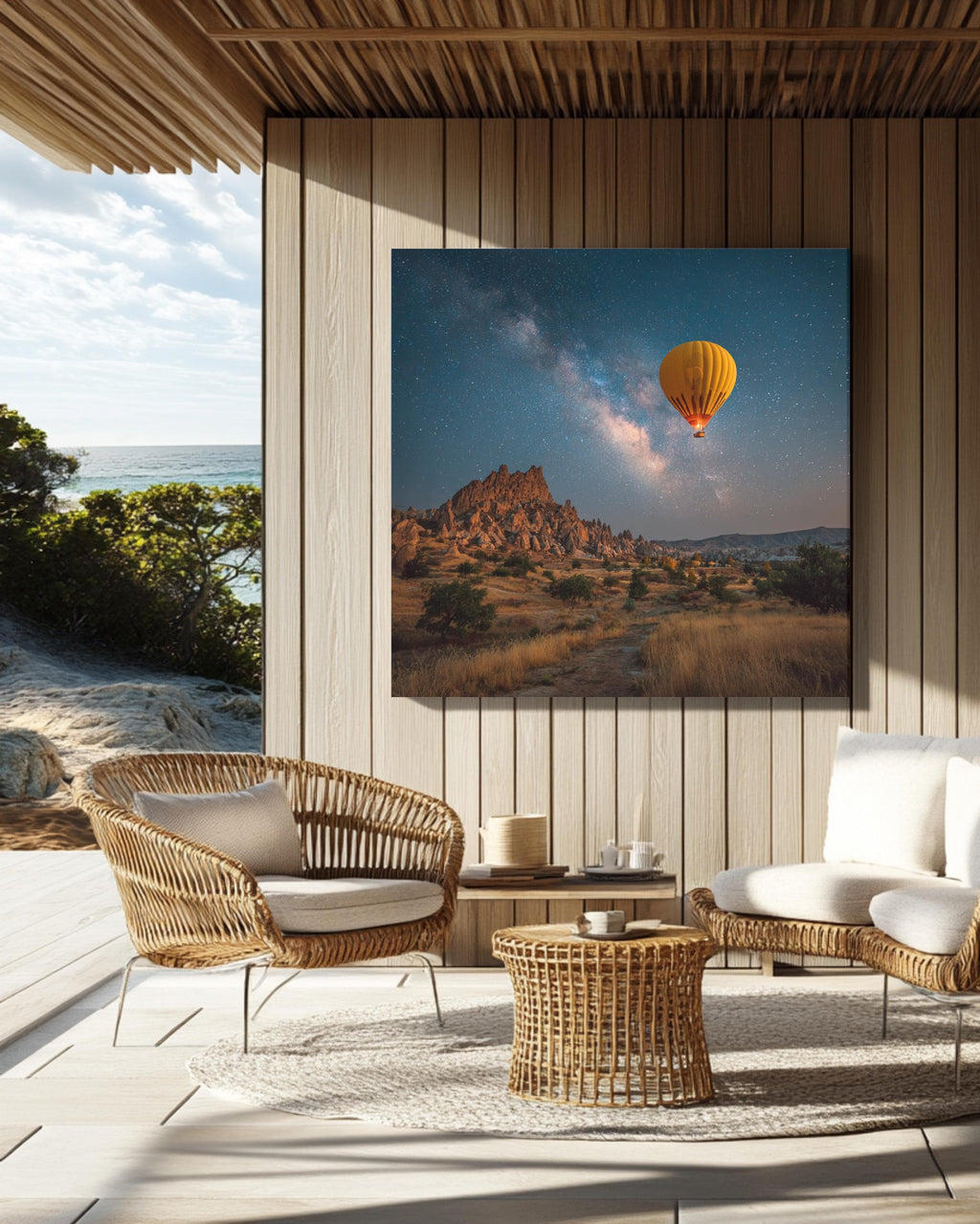 Yellow Hot Air Balloon Floating Over Cappadocia at Night, Magical Realism Photography, Dreamy Romantic Landscape Wall Art Poster Canvas