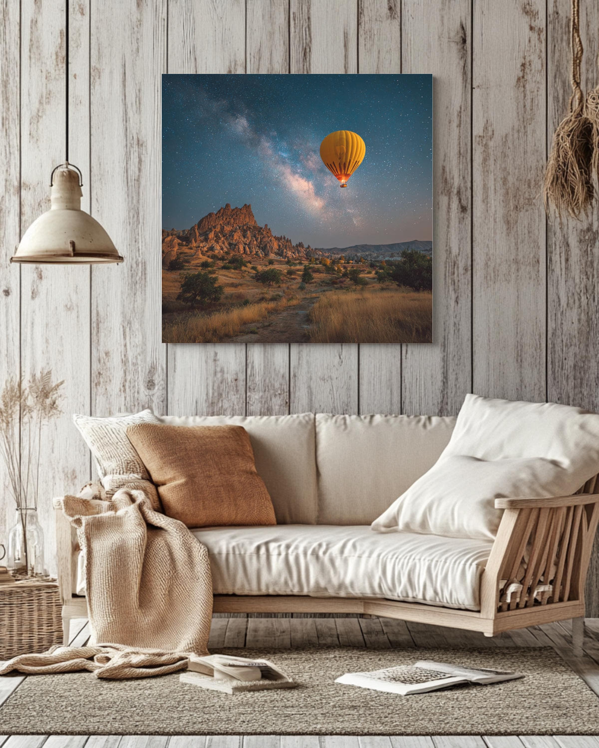 Yellow Hot Air Balloon Floating Over Cappadocia at Night, Magical Realism Photography, Dreamy Romantic Landscape Wall Art Poster Canvas