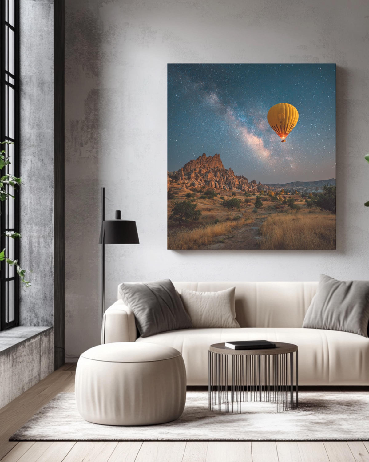 Yellow Hot Air Balloon Floating Over Cappadocia at Night, Magical Realism Photography, Dreamy Romantic Landscape Wall Art Poster Canvas