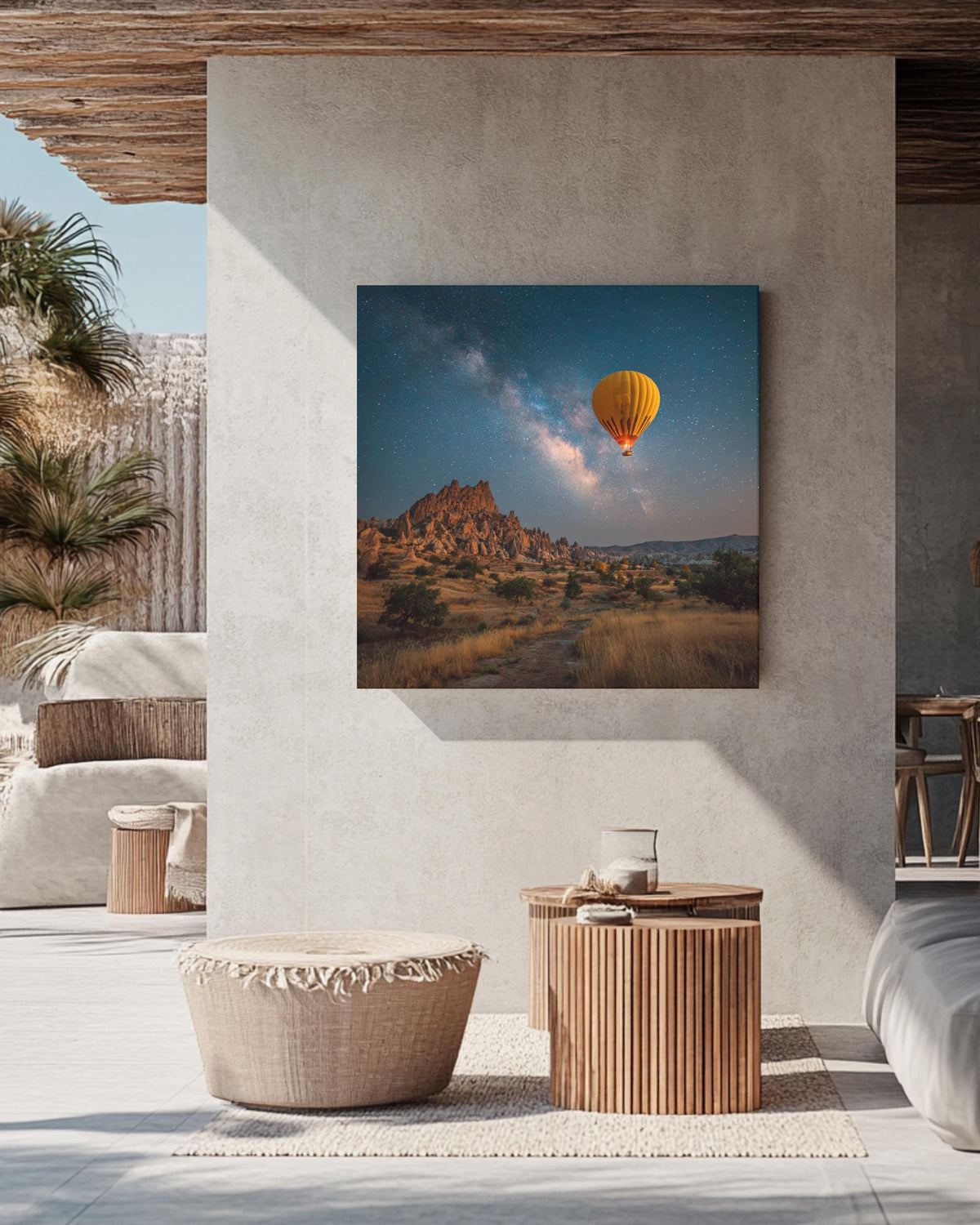 Yellow Hot Air Balloon Floating Over Cappadocia at Night, Magical Realism Photography, Dreamy Romantic Landscape Wall Art Poster Canvas