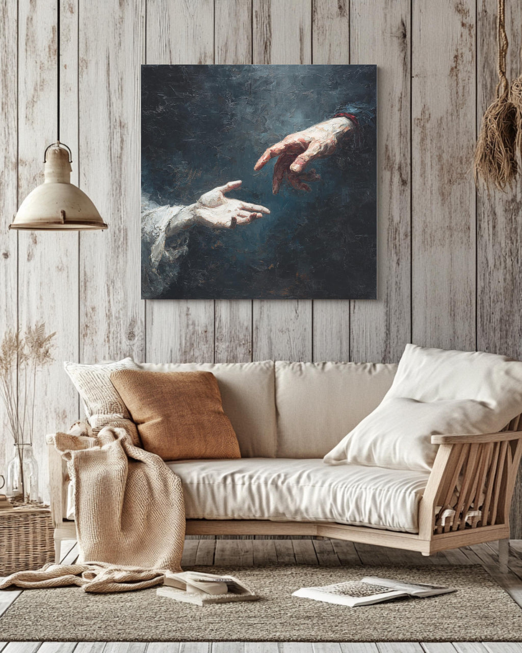 Two Hands Reaching Towards Each Other Oil Painting, Dramatic Figurative Artwork, Emotional and Expressive Wall Art Poster Canvas