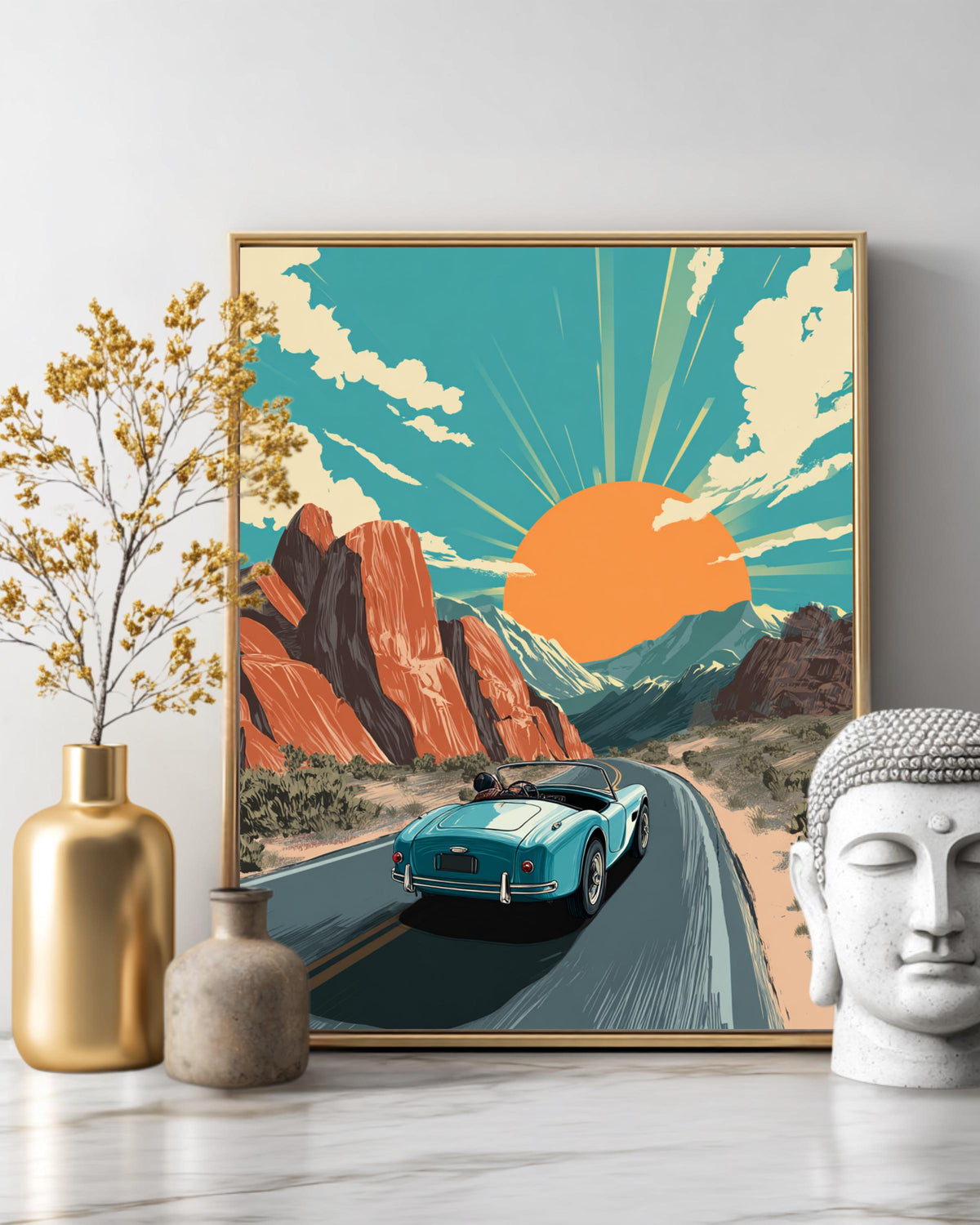 Retro Desert Road Trip Classic Car Poster  Vintage Vector Illustration, Sunset Mountains, Bold Lines, Flat Design Art Print