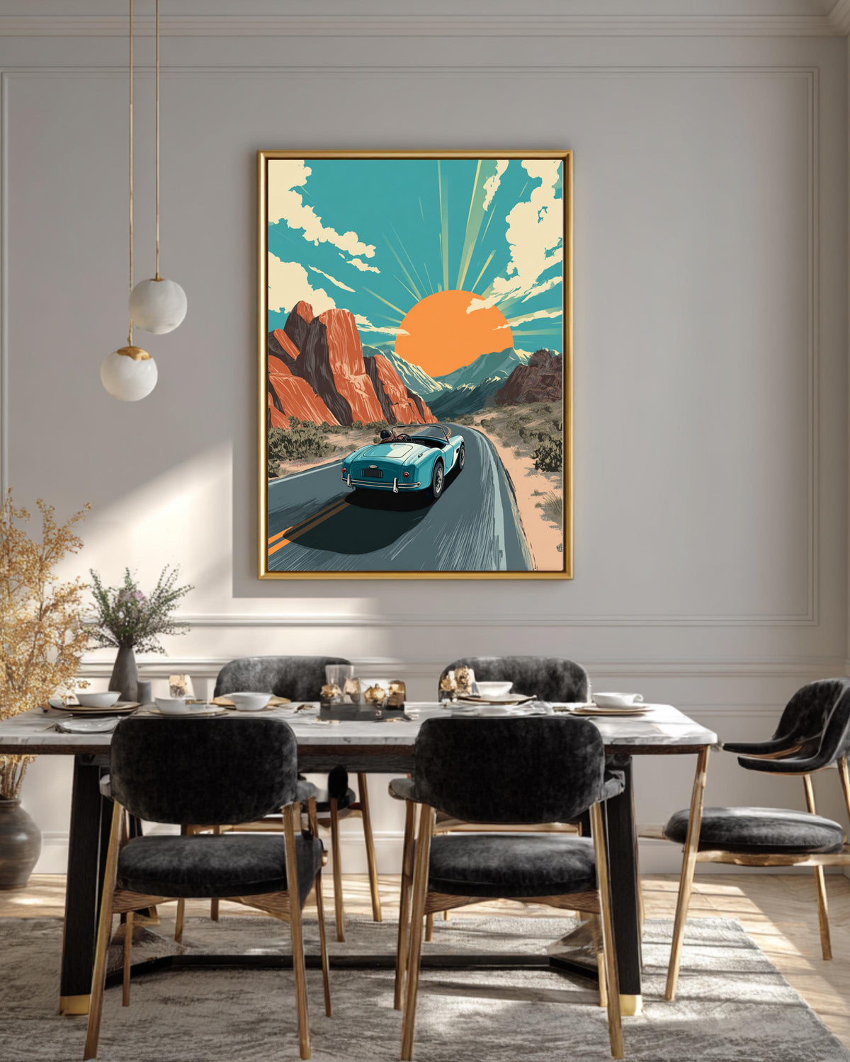 Retro Desert Road Trip Classic Car Poster  Vintage Vector Illustration, Sunset Mountains, Bold Lines, Flat Design Art Print