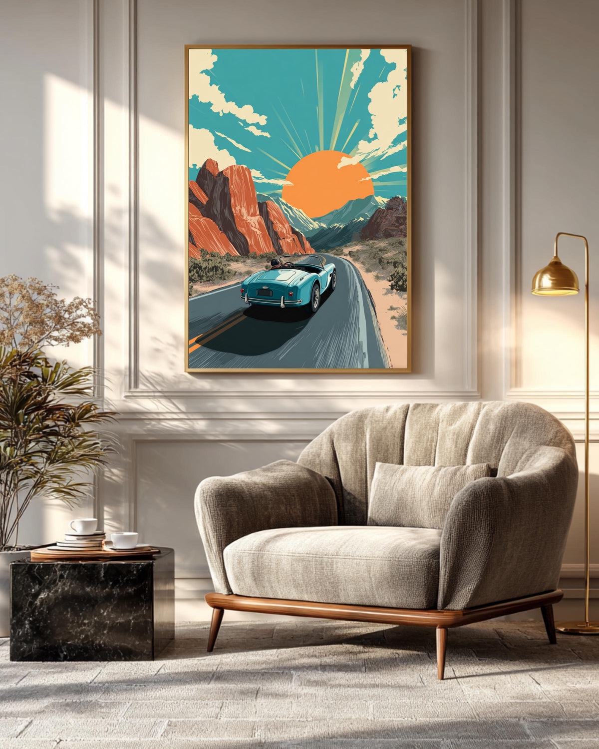 Retro Desert Road Trip Classic Car Poster  Vintage Vector Illustration, Sunset Mountains, Bold Lines, Flat Design Art Print