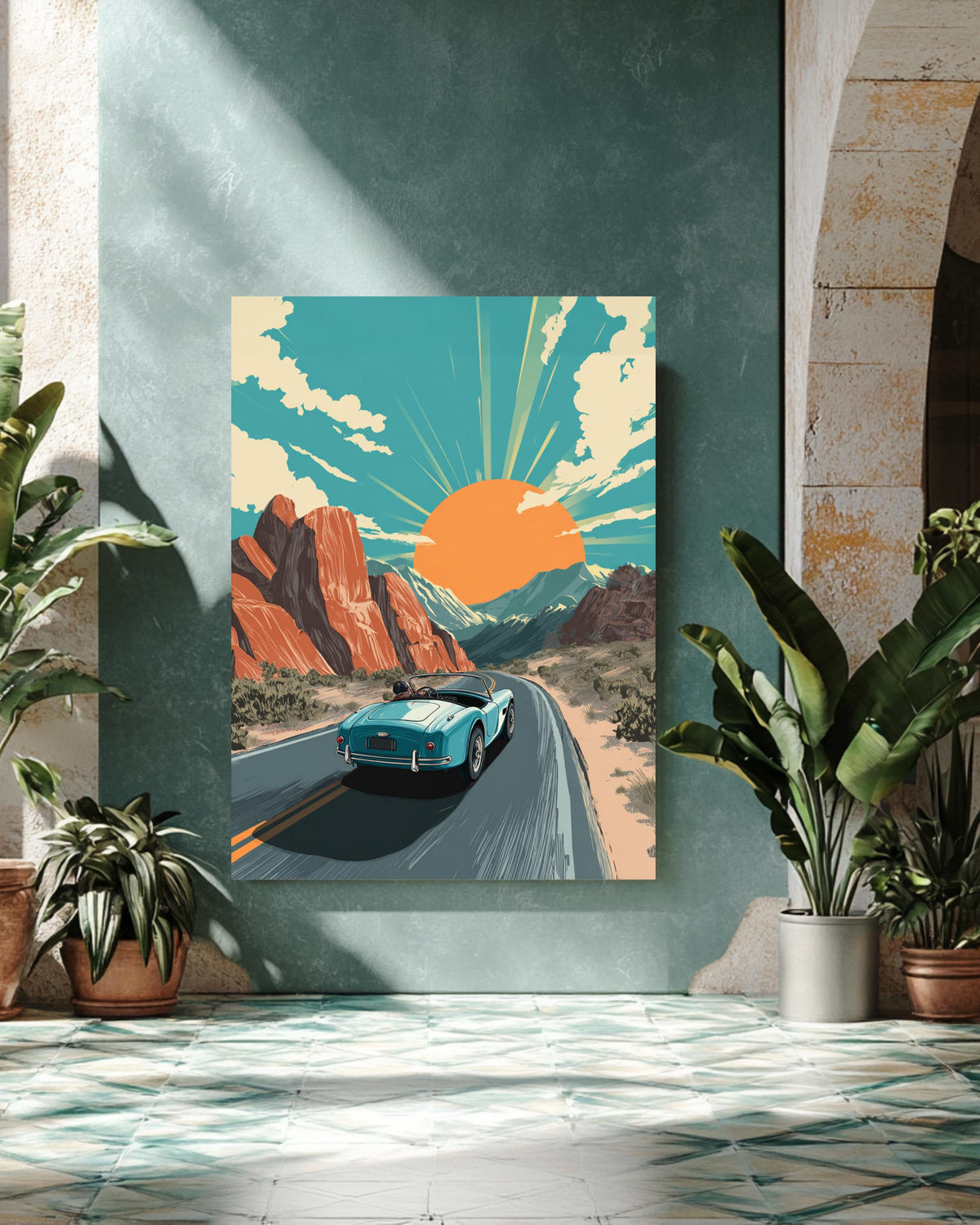 Retro Desert Road Trip Classic Car Poster  Vintage Vector Illustration, Sunset Mountains, Bold Lines, Flat Design Art Print