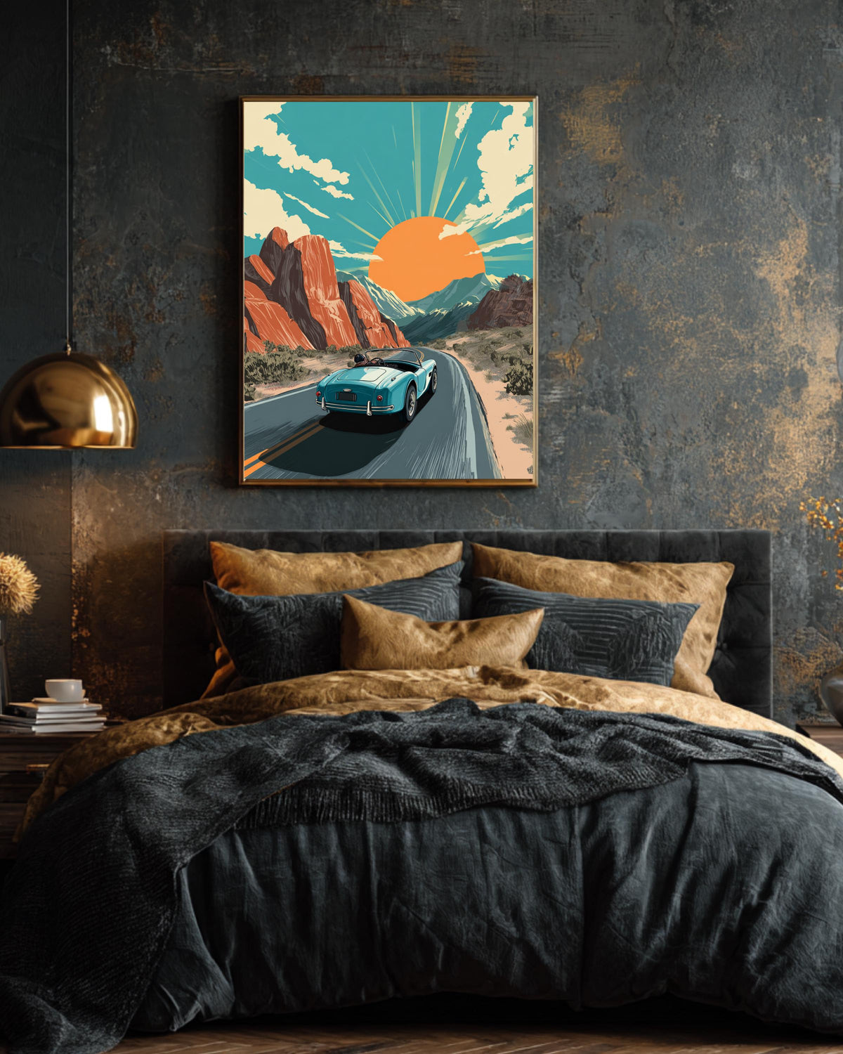 Retro Desert Road Trip Classic Car Poster  Vintage Vector Illustration, Sunset Mountains, Bold Lines, Flat Design Art Print