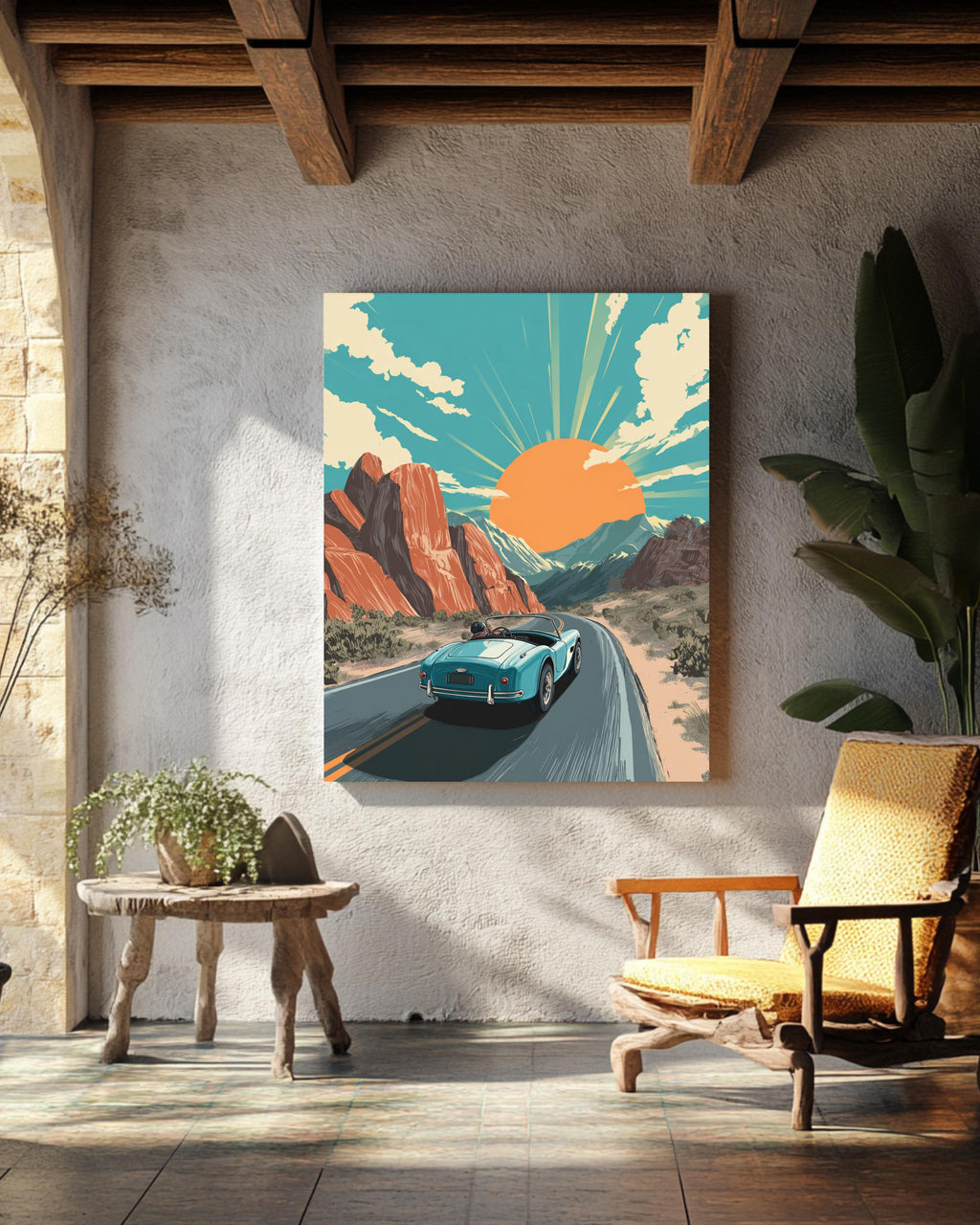 Retro Desert Road Trip Classic Car Poster  Vintage Vector Illustration, Sunset Mountains, Bold Lines, Flat Design Art Print