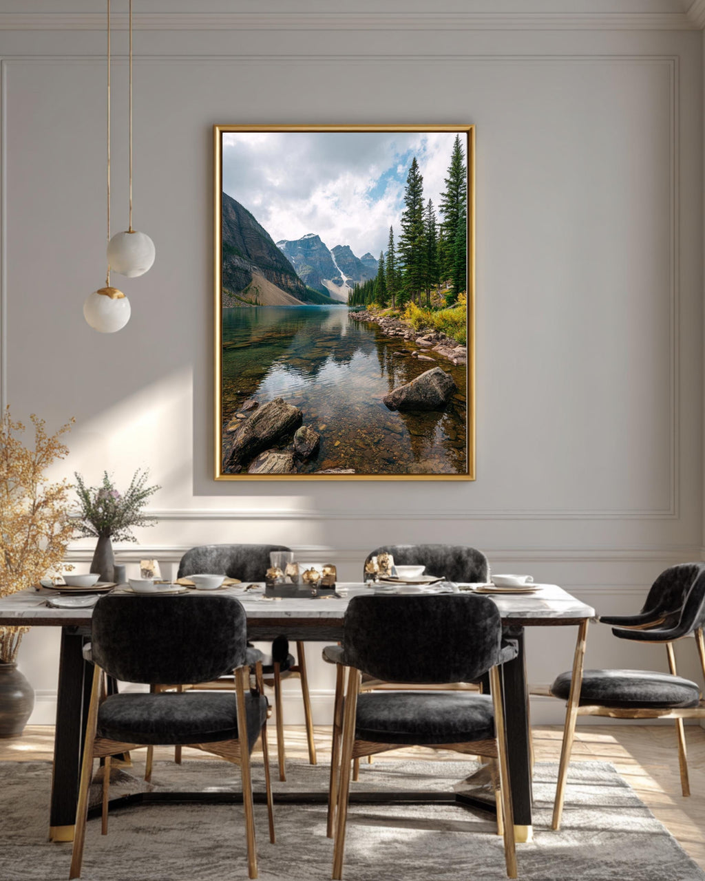 Serene Mountain Lake Reflection Poster  Tranquil Nature Landscape with Calm Water, Cloudy Sky, Majestic Peaks