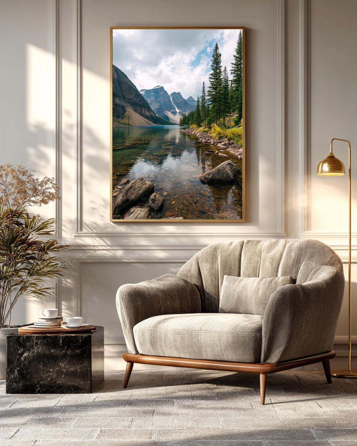 Serene Mountain Lake Reflection Poster  Tranquil Nature Landscape with Calm Water, Cloudy Sky, Majestic Peaks