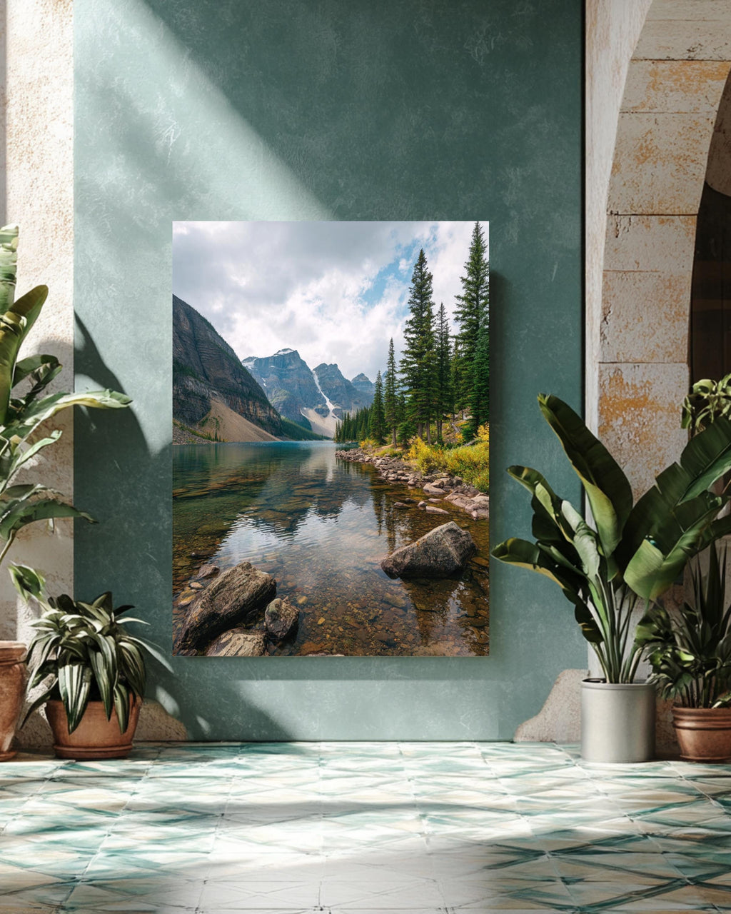 Serene Mountain Lake Reflection Poster  Tranquil Nature Landscape with Calm Water, Cloudy Sky, Majestic Peaks