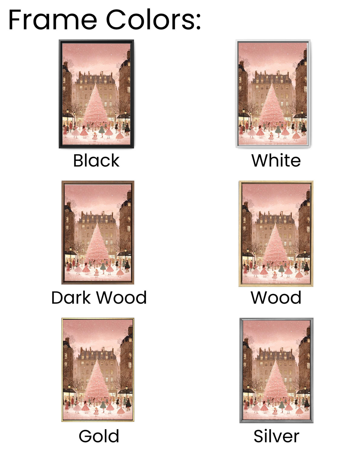 Parisian Christmas Illustration  Light Pink & Beige Childrens Book Style Artwork of Snowy City Square and Chic Holiday Street Scene