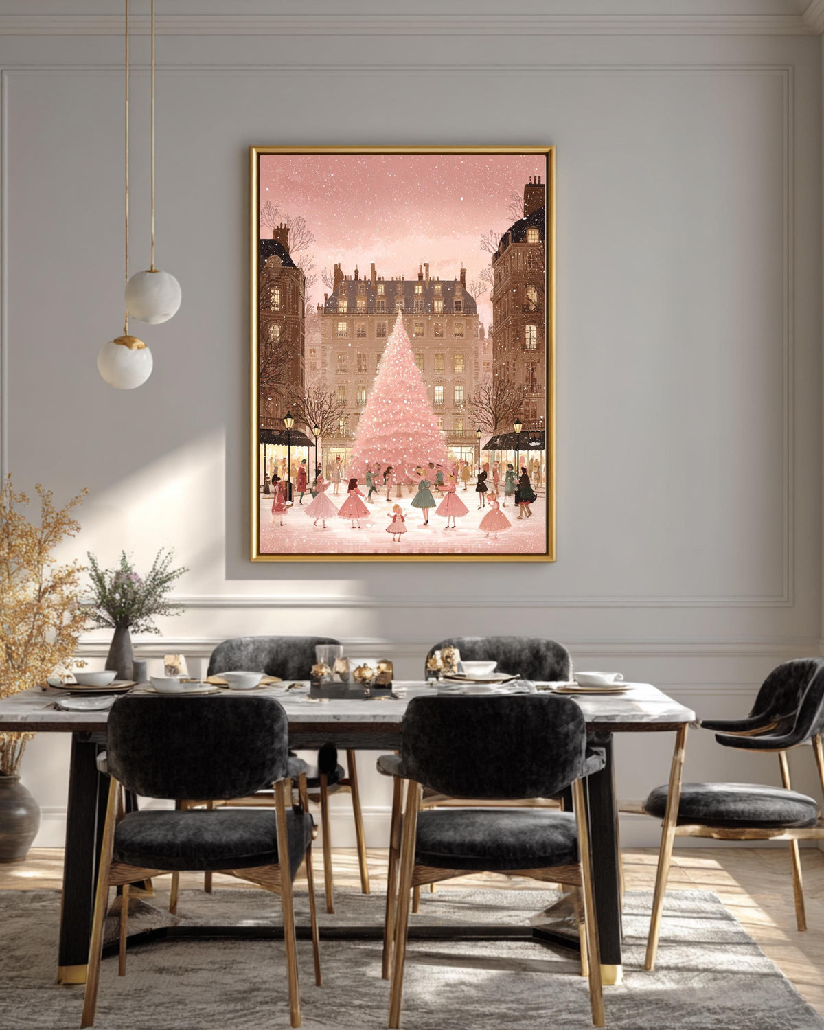 Parisian Christmas Illustration  Light Pink & Beige Childrens Book Style Artwork of Snowy City Square and Chic Holiday Street Scene