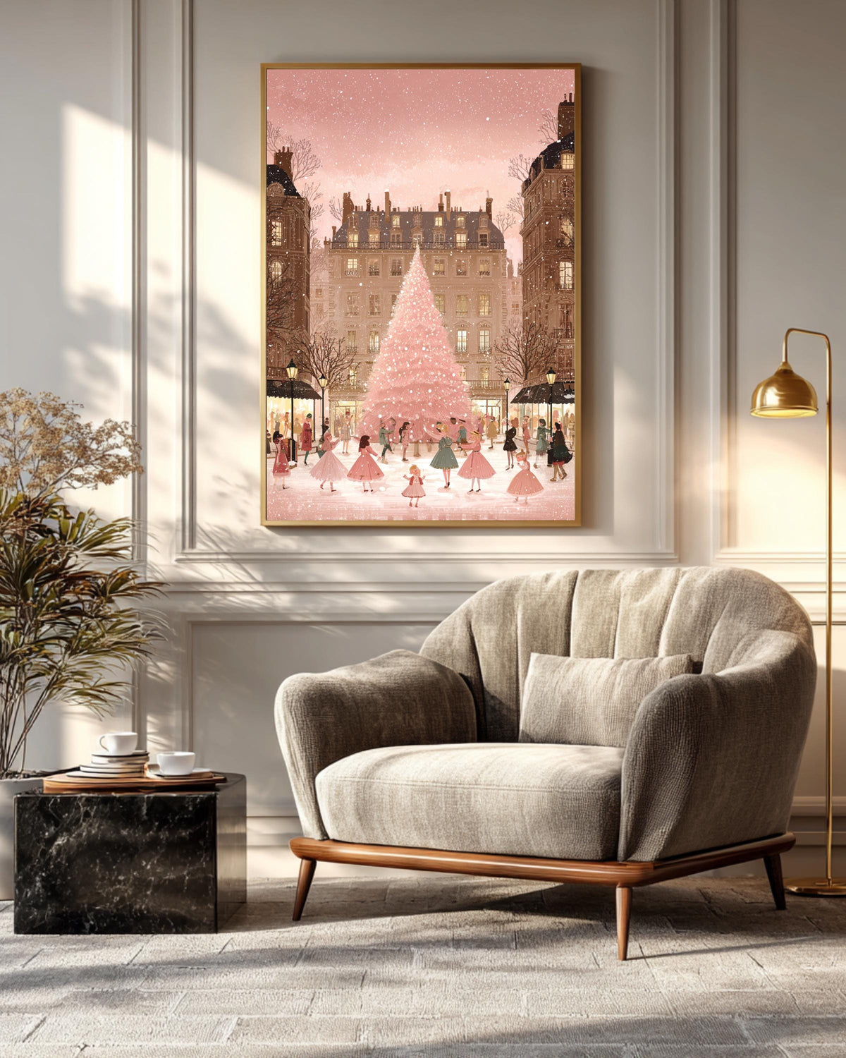 Parisian Christmas Illustration  Light Pink & Beige Childrens Book Style Artwork of Snowy City Square and Chic Holiday Street Scene